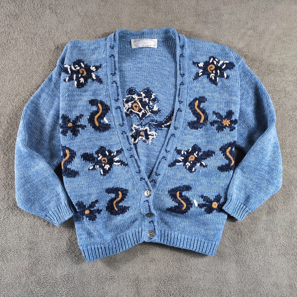 Vintage‎ Melbourne Knitwear Blue Floral Embroidered Cardigan Sweater Women